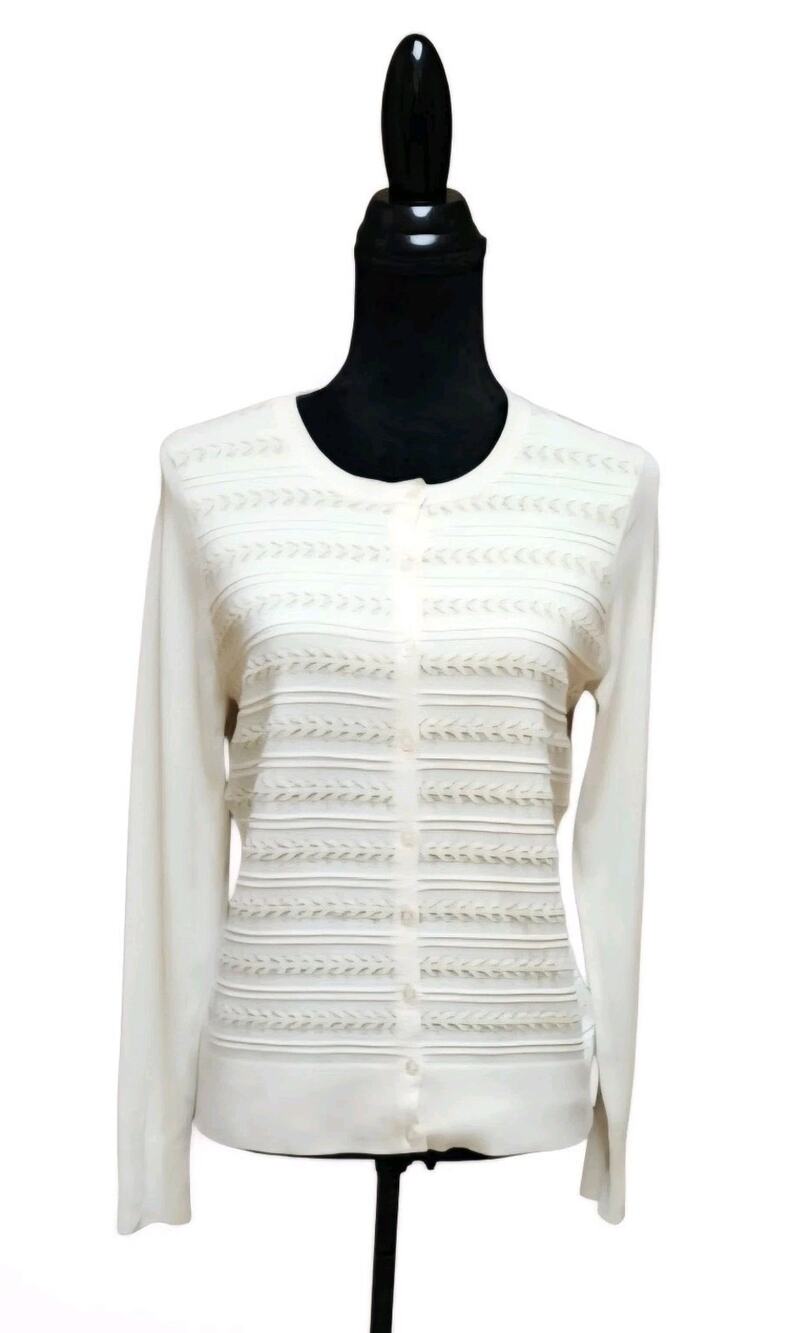 Charter Club Luxury Ivory Knit Button-Up Gold Chevron Print Cardigan Medium M